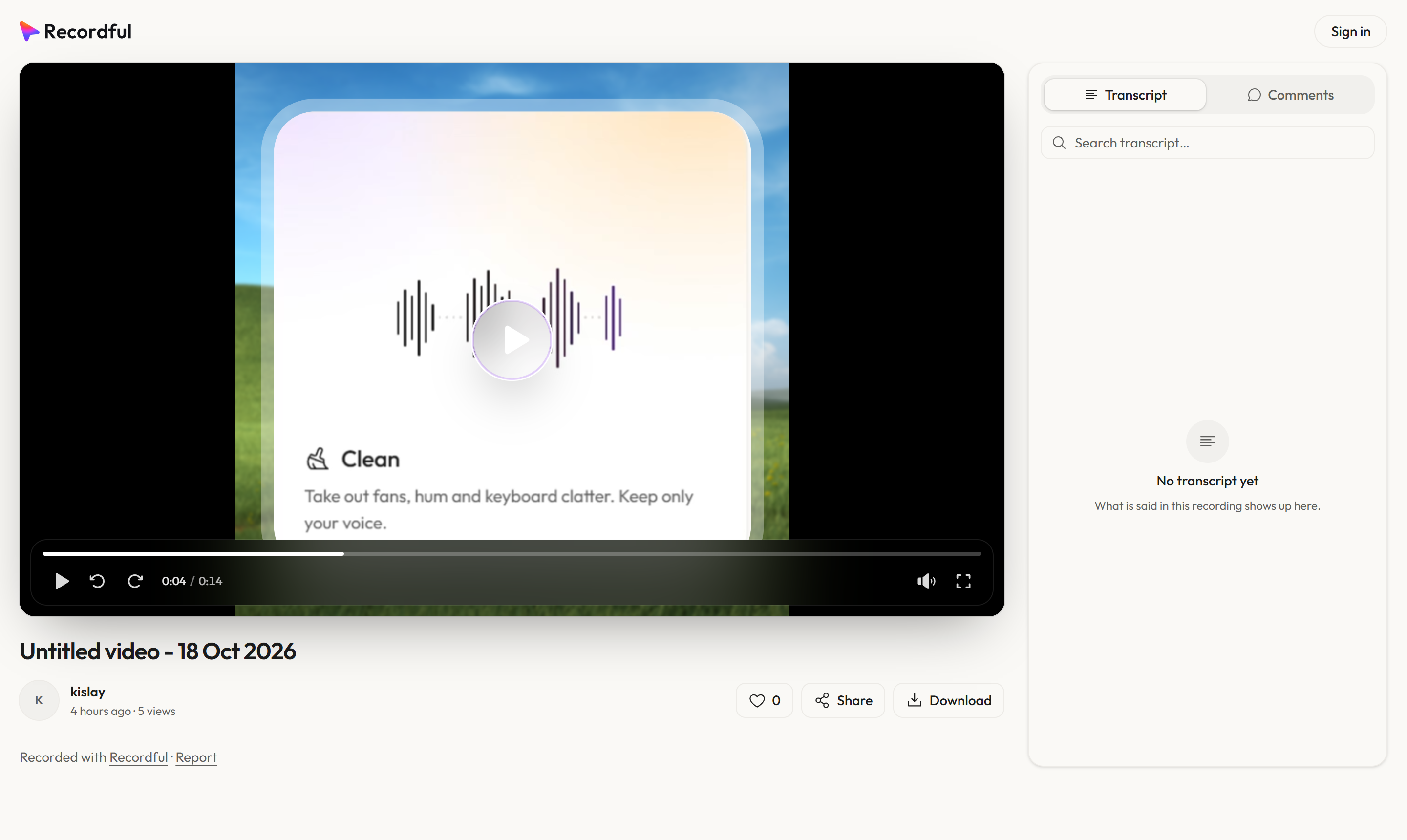 A Recordful recording page with a share link, views, likes and comments
