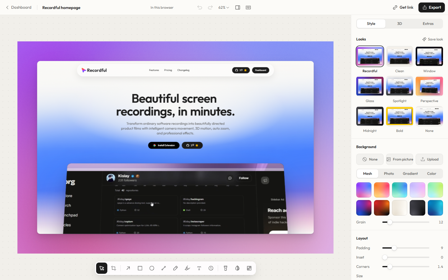 Recordful web editor open on a recording