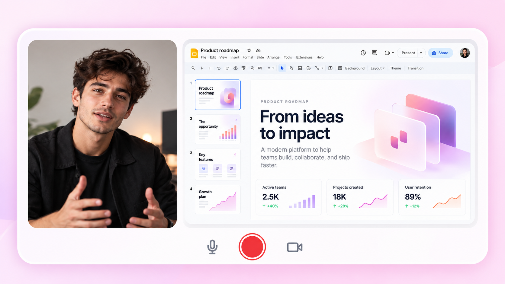 Recordful recording a Google Slides presentation with a camera bubble, microphone and record button